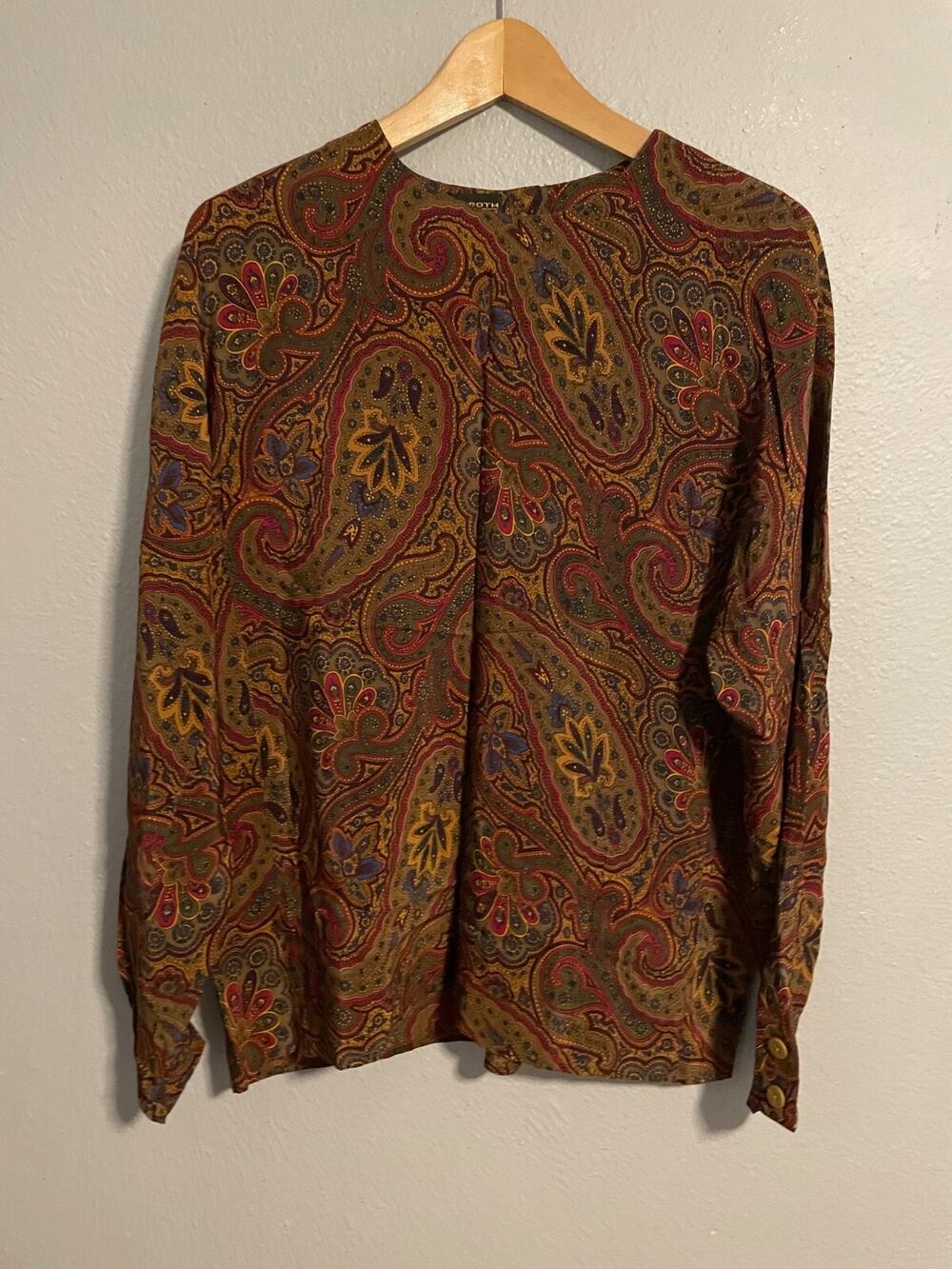 Vintage Womens Top Size 14 Brown Paisley Silk Long Sleeve Satin Boho 90s READ